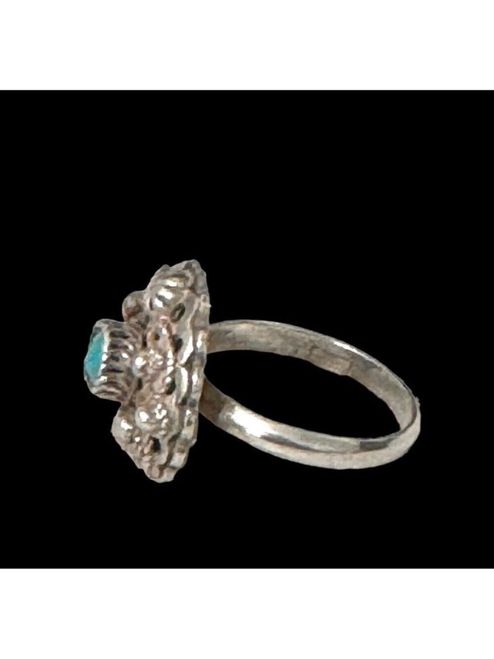 Antique Mexican Sterling Silver Filigree Flower Ring Turquoise Stone Sz 7.75 - Picture 5 of 10